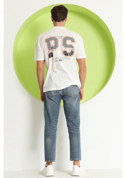 Erkek Ps Baskılı Oversize T-Shirt Ekru indirimleri