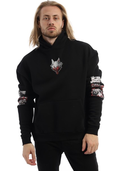 Erkek Kitsune Anime Girl Baskılı 3 Iplik Kapüşonlu Sweat Siyah
