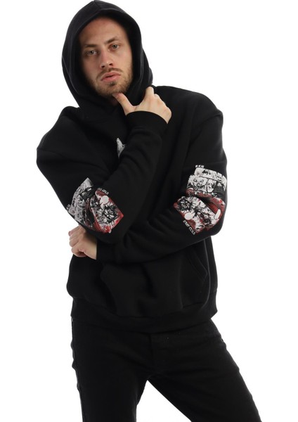 Erkek Kitsune Anime Girl Baskılı 3 Iplik Kapüşonlu Sweat Siyah modelleri