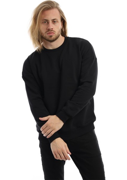 Erkek 3 İplik Pamuklu İçi Polarlı Regular Fit Basic Bisklet Yaka Siyah Sweatshirt fiyatları
