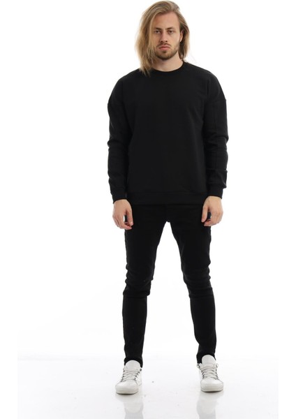 Erkek 3 İplik Pamuklu İçi Polarlı Regular Fit Basic Bisklet Yaka Siyah Sweatshirt fırsatları