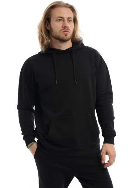 Erkek Kapüşonlu Kanguru Cepli Sweatshirt Siyah
