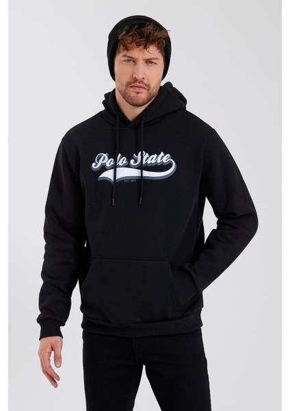 Erkek Baskılı Kapüşonlu 3 Iplik Sweatshirt Siyah