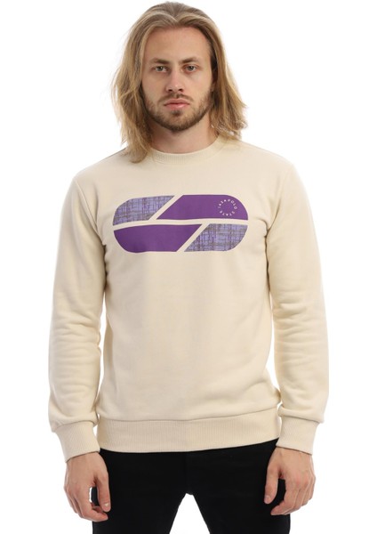 Erkek 3 İplik Pamuklu Baskılı Regular Fit Basic Bisiklet Yaka Ekru Sweatshirt