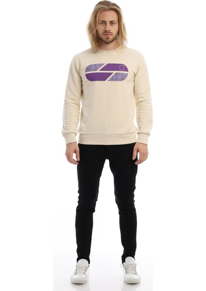 Erkek 3 İplik Pamuklu Baskılı Regular Fit Basic Bisiklet Yaka Ekru Sweatshirt fırsatları