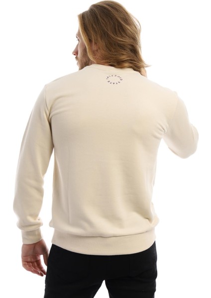Erkek 3 İplik Pamuklu Baskılı Regular Fit Basic Bisiklet Yaka Ekru Sweatshirt indirimleri