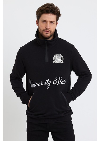 Erkek Dik Yaka 3 Iplik Sweatshirt Siyah
