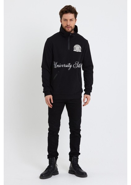Erkek Dik Yaka 3 Iplik Sweatshirt Siyah