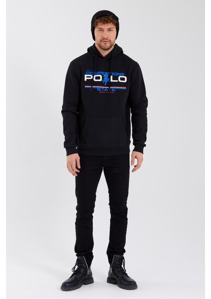 Erkek Kapüşonlu Baskılı 3 Iplik Sweatshirt Siyah