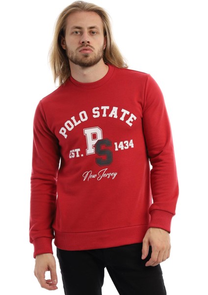 Erkek 3 İplik Pamuklu Baskılı Regular Fit Basic Bisiklet Yaka Kırmızı Sweatshirt