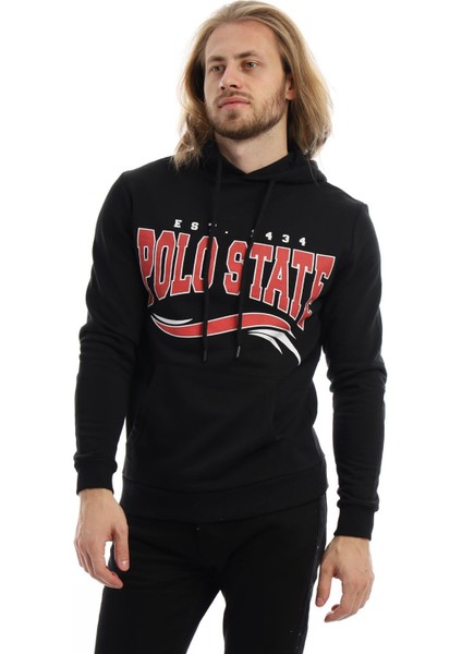 Erkek Polo State Baskılı Kapüşonlu 3 Iplik Şardonlu Sweatshirt Siyah