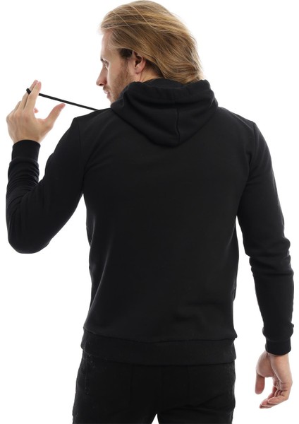 Erkek Polo State Baskılı Kapüşonlu 3 Iplik Şardonlu Sweatshirt Siyah