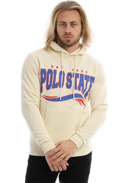 Erkek Polo State Baskılı Kapüşonlu 3 Iplik Şardonlu Sweatshirt Ekru