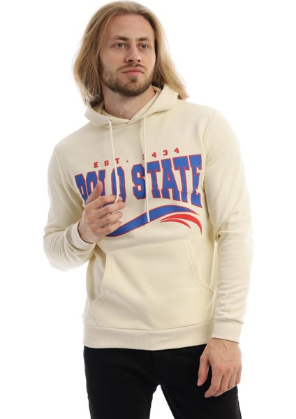 Erkek Polo State Baskılı Kapüşonlu 3 Iplik Şardonlu Sweatshirt Ekru modelleri