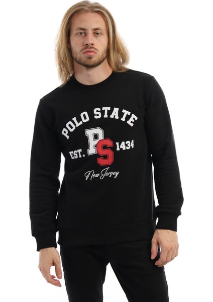 Erkek 3 İplik Pamuklu Baskılı Regular Fit Basic Bisiklet Yaka Siyah Sweatshirt