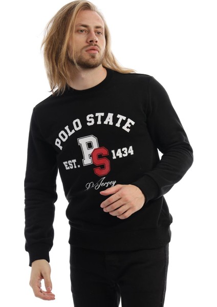 Erkek 3 İplik Pamuklu Baskılı Regular Fit Basic Bisiklet Yaka Siyah Sweatshirt fiyatları