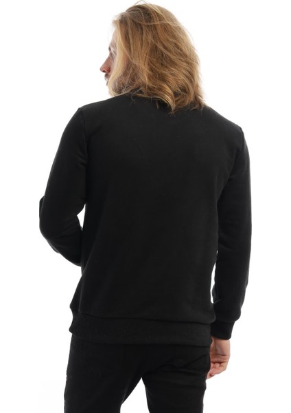 Erkek 3 İplik Pamuklu Baskılı Regular Fit Basic Bisiklet Yaka Siyah Sweatshirt indirimleri
