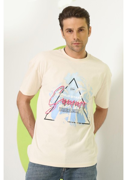 Erkek Baskılı Oversize T-Shirt Ekru