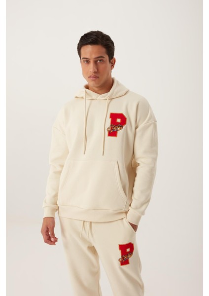 Erkek Kapüşonlu 3 Iplik Sweatshirt Ekru