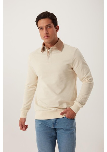 Erkek Polo Yaka 2 Iplik Sweatshirt Beyaz