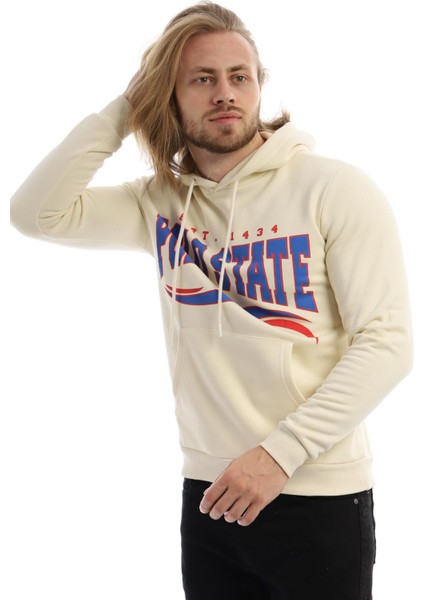 Erkek Polo State Baskılı Kapüşonlu 3 Iplik Şardonlu Sweatshirt Ekru
