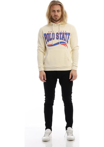 Erkek Polo State Baskılı Kapüşonlu 3 Iplik Şardonlu Sweatshirt Ekru