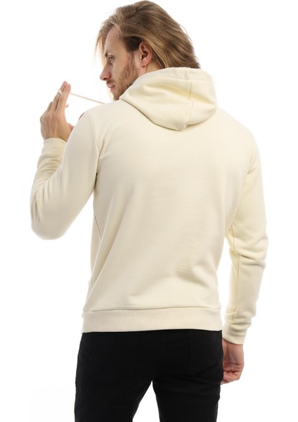Erkek Polo State Baskılı Kapüşonlu 3 Iplik Şardonlu Sweatshirt Ekru