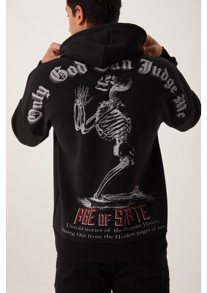Erkek Ön Arka Age Of State Baskılı Sweatshirt Siyah