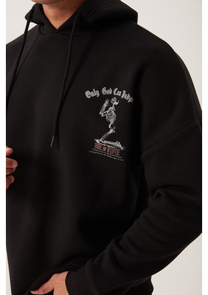 Erkek Ön Arka Age Of State Baskılı Sweatshirt Siyah