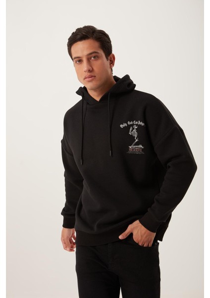 Erkek Ön Arka Age Of State Baskılı Sweatshirt Siyah