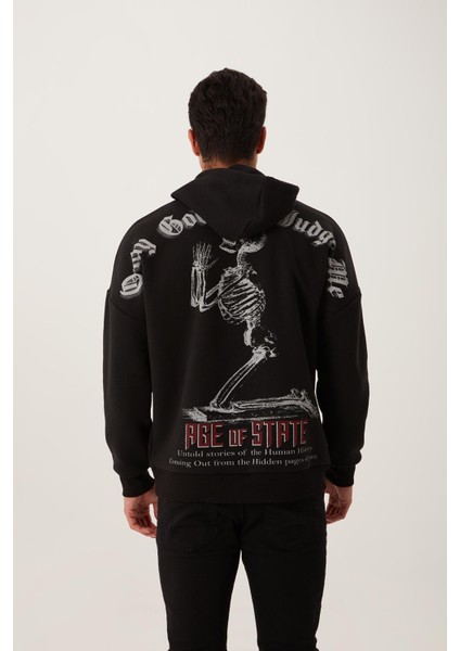 Erkek Ön Arka Age Of State Baskılı Sweatshirt Siyah