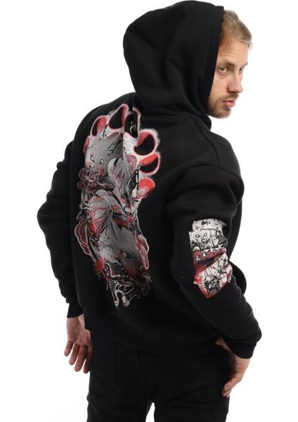 Erkek Kitsune Anime Girl Baskılı 3 Iplik Kapüşonlu Sweat Siyah fiyatları