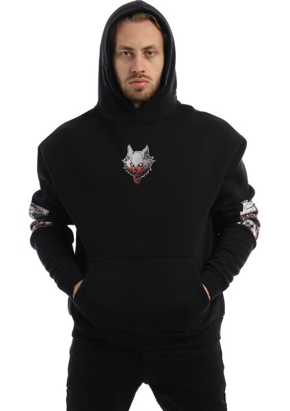 Erkek Kitsune Anime Girl Baskılı 3 Iplik Kapüşonlu Sweat Siyah fırsatları