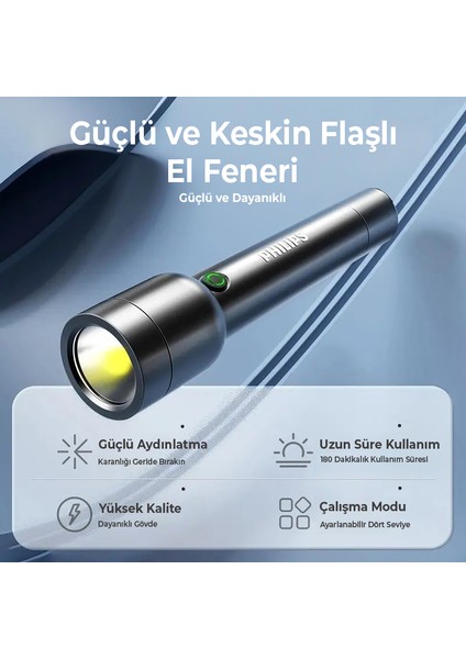 SFL1236/93 3W 300 Lümen 3 Işık Modlu Type-C Şarj Edilebilir Ultra Hafif Güçlü LED El Feneri