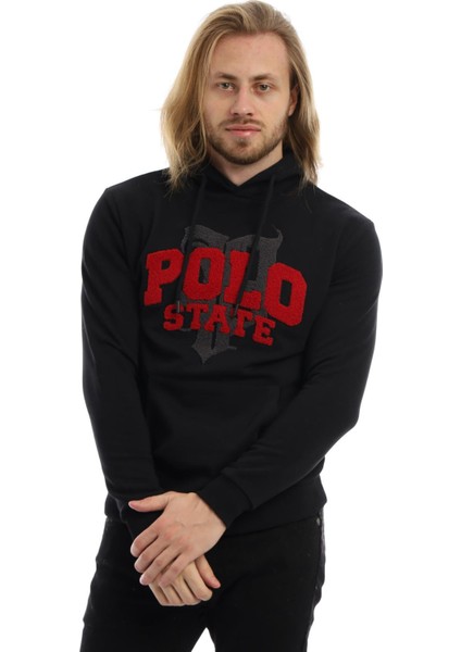 Erkek 3 İplik Pamuklu İçi Polarlı Süzine Nakışlı Regular Fit Kapüşonlu Kanguru Cepli Siyah Sweatshirt