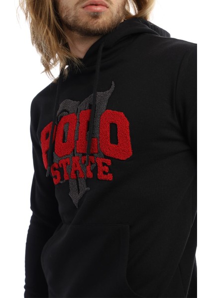 Erkek 3 İplik Pamuklu İçi Polarlı Süzine Nakışlı Regular Fit Kapüşonlu Kanguru Cepli Siyah Sweatshirt fiyatları