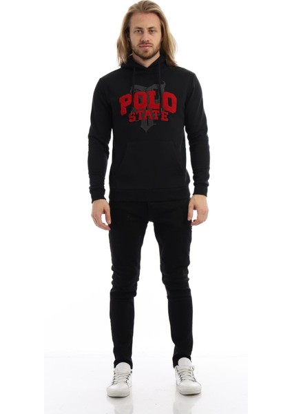 Erkek 3 İplik Pamuklu İçi Polarlı Süzine Nakışlı Regular Fit Kapüşonlu Kanguru Cepli Siyah Sweatshirt modelleri