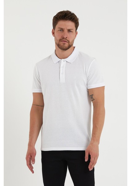 Erkek Regular Fit Polo Yaka Nakışlı T-Shirt Beyaz