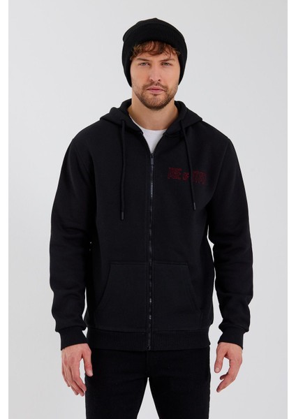 Age Of State Nakışlı Fermuarlı 3 Iplik Sweatshirt Siyah