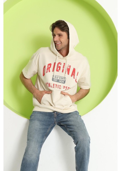 Erkek Kapüşonlu T-Shirt Ekru modelleri