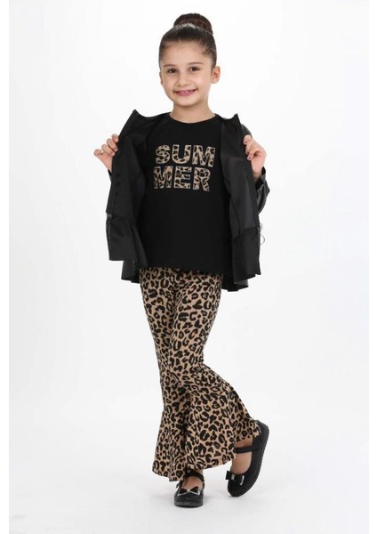 Deri Ceketli Summer Leopar Pantolon 3 Lü Kız çocuk takım