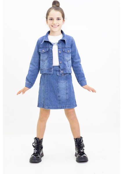 Denim Kot Ceket ,şortetek ve Badi 3 lü kombin - Mavi