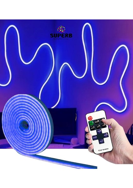 Neon LED Şerit Seti 5 Metre Mavi Işık Kumandalı ve Adaptör