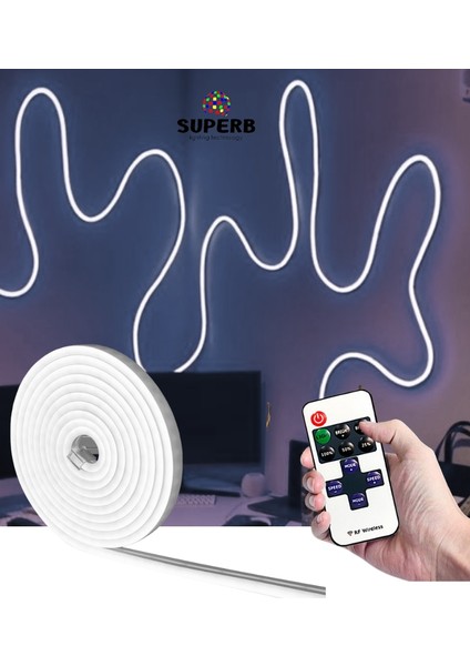 Neon LED Şerit Seti 5 Metre Beyaz Işık Kumandalı ve Adaptör