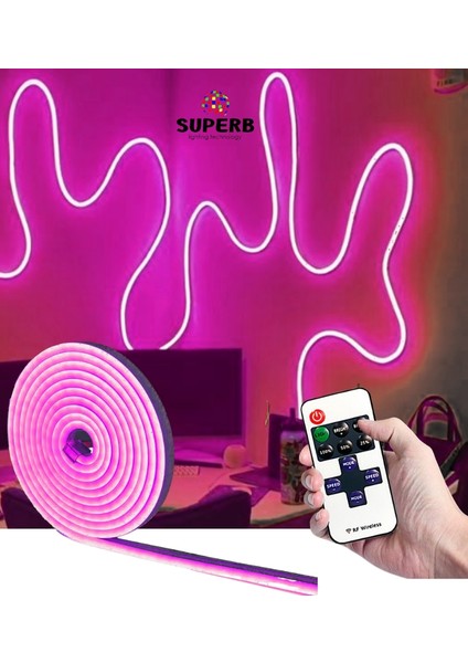 Neon LED Şerit Seti 5 Metre Pembe Işık Kumandalı ve Adaptör