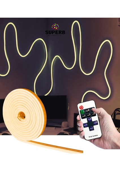 Neon LED Şerit Seti 5 Metre Amber Işık Kumandalı ve Adaptör