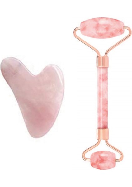 Tekno Trust Pembe Kuvars (Quartz) Face Roller ve Kalp Guasha Ikili Set Doğaltaş Gua Sha Premium