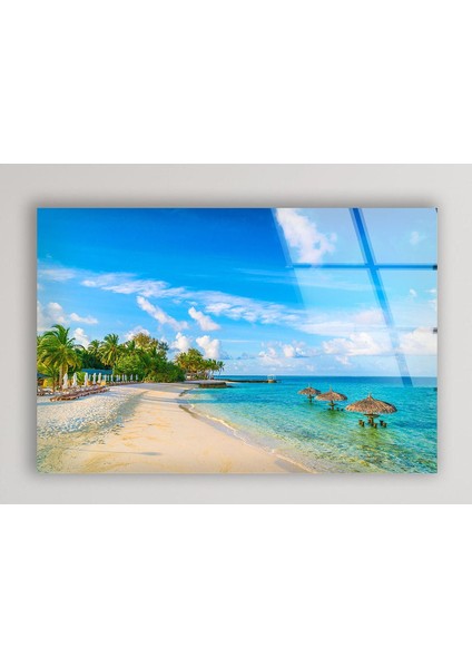 Tropik Ada Temperli Cam Duvar Tablosu