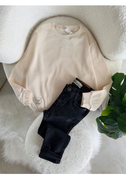 Bisiklet Yaka Basic Uzun Kollu Erkek Çocuk sweatshirt - Krem