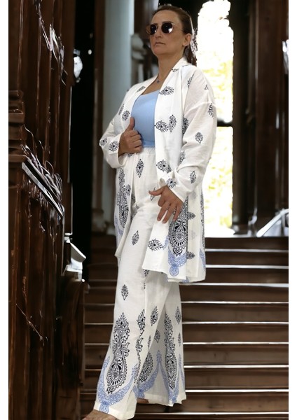 Pantolonu Astarlı Büyük Beden Kimono Alt Üst Ikili Takım